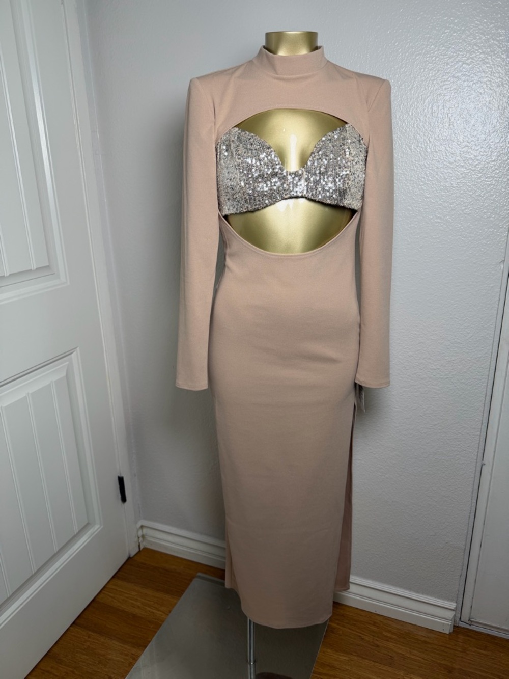 ASOS Blush Nude Long Sleeve Cutout Sequin Bust Maxi Dress 4